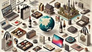 A diverse and global-themed scene showcasing personalized corporate gifts representing different cultures and regions. The image includes items such as elegant packaging from Japan, gourmet products like wine or chocolate from France, eco-friendly tote bags representing global sustainability, and tech gadgets like wireless chargers from the USA. The layout is sophisticated, with each item presented in a way that highlights its unique cultural or regional connection. The background includes subtle hints of international landmarks to emphasize the global aspect.