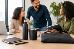 Equipe reunida em escritório com garrafa, caneca térmica, cadernos, caneta e bolsa sobre a mesa.