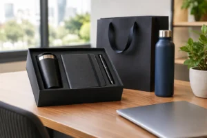 Kit executivo preto com caderno, caneta, garrafa e sacola sobre mesa