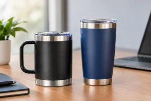 Caneca térmica preta com alça e copo térmico azul sobre mesa de trabalho