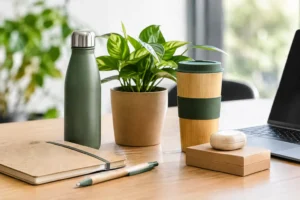 Garrafa verde, copo com tampa e vaso de planta sobre mesa de escritório