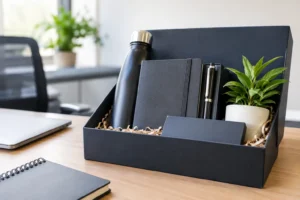 Kit corporativo de boas-vindas com caderno, garrafa e caneta