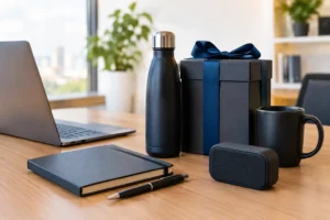 Caderno, caneta, garrafa, caneca e caixa de presente sobre mesa de escritório