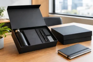 Caixa aberta com garrafa, caderno e caneta sobre mesa de escritório