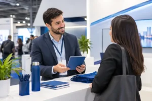 Duas pessoas conversam em estande de feira, uma delas segurando um tablet