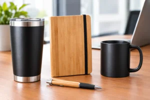 Copo térmico, caderno, caneca e caneta sem personalização sobre uma mesa de escritório