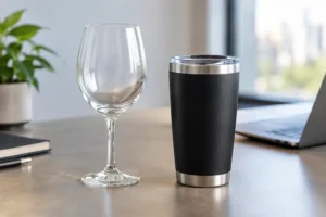 Taça de vidro e copo térmico lado a lado em ambiente corporativo